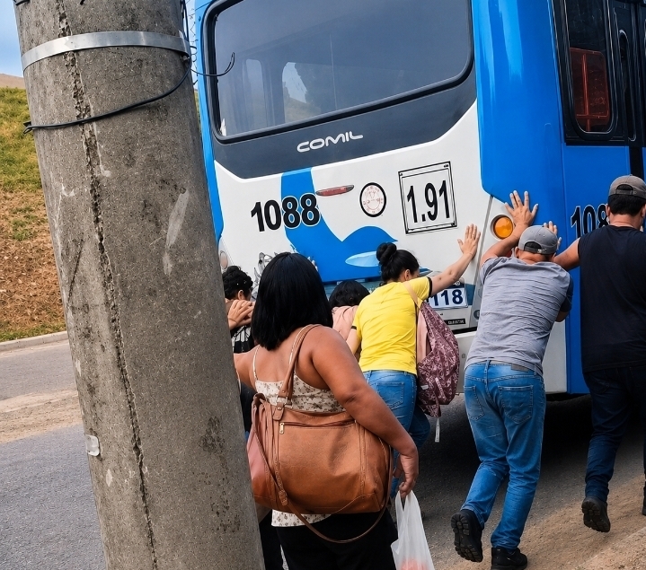 Passageiros empurram ônibus após pane durante trajeto